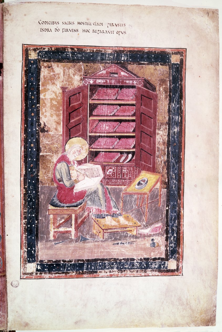 Ms 1 f.vr Esdra che scrive i libri sacri a memoria nel 458 a.C., dal Codex Amiatinus da Anglo Saxon