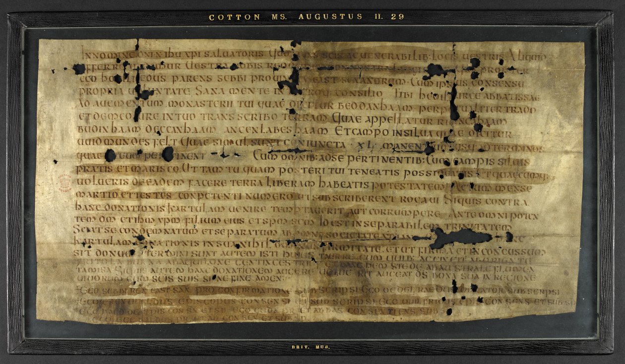Concessione di Hodilredus (Æthelred), parente del re Sebbi degli East Saxons (fl. 685-706), a Hedilburg (Æthelburg), badessa da Anglo Saxon Anglo Saxon