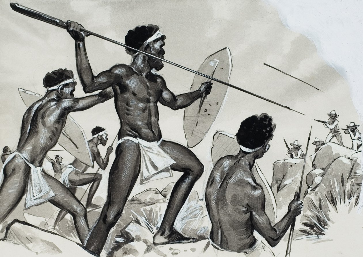Aborigeni sotto attacco (gouache su carta) da Angus McBride