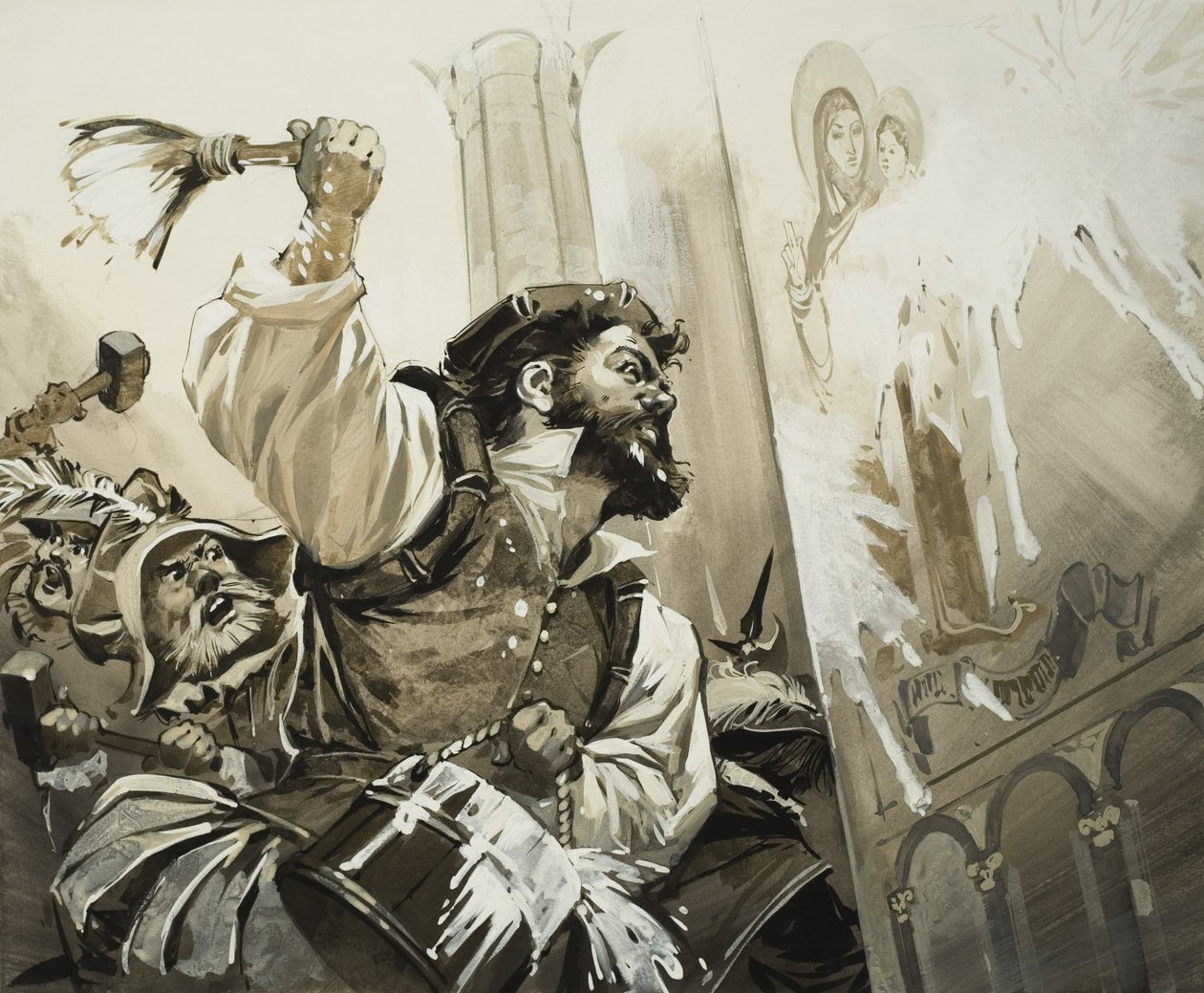 Fanatici che assaltano le chiese di Basilea nella Svizzera protestante (gouache su carta) da Angus McBride