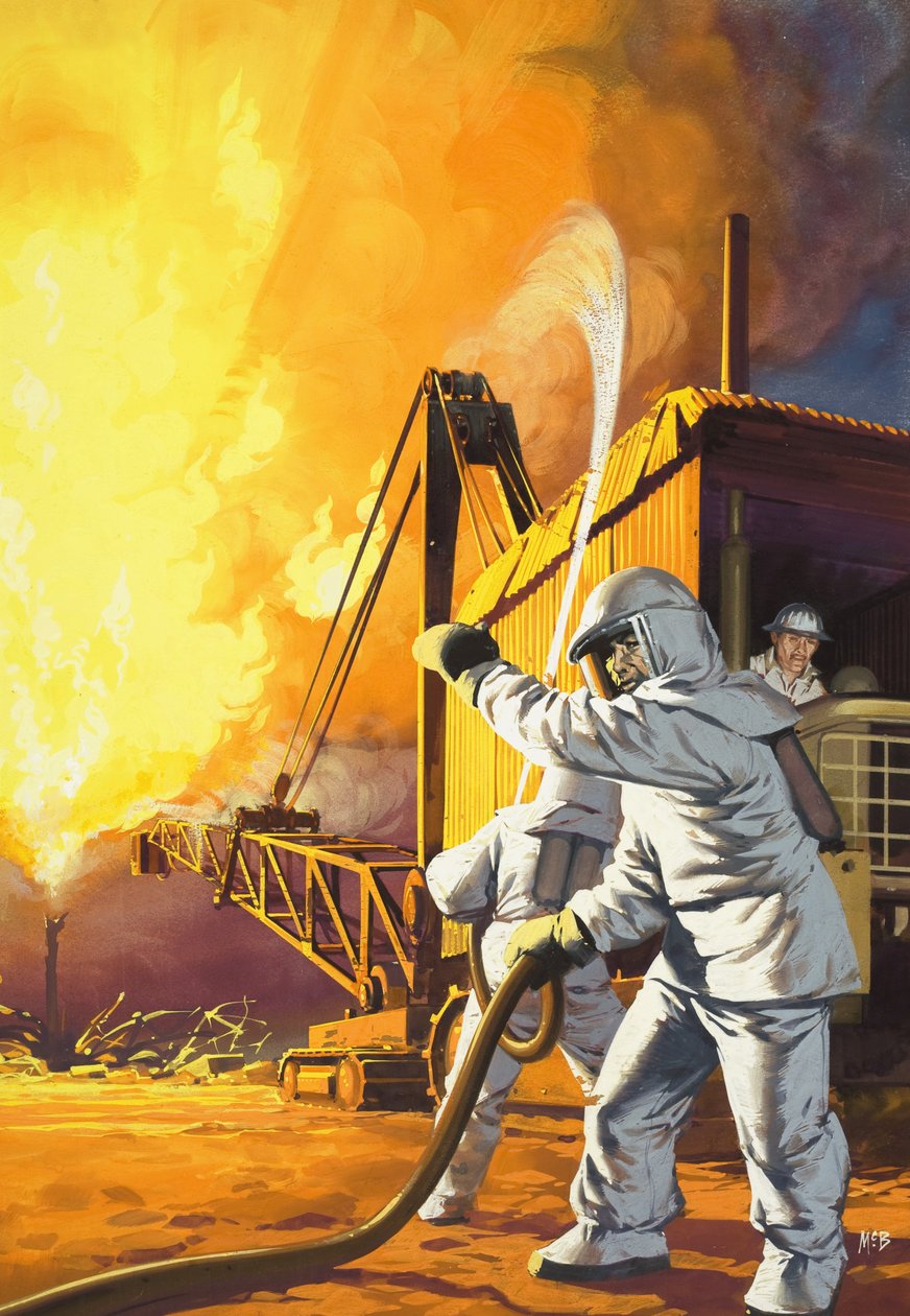 Vigile del fuoco in tuta di sicurezza mentre combatte un incendio in un campo petrolifero da Angus McBride