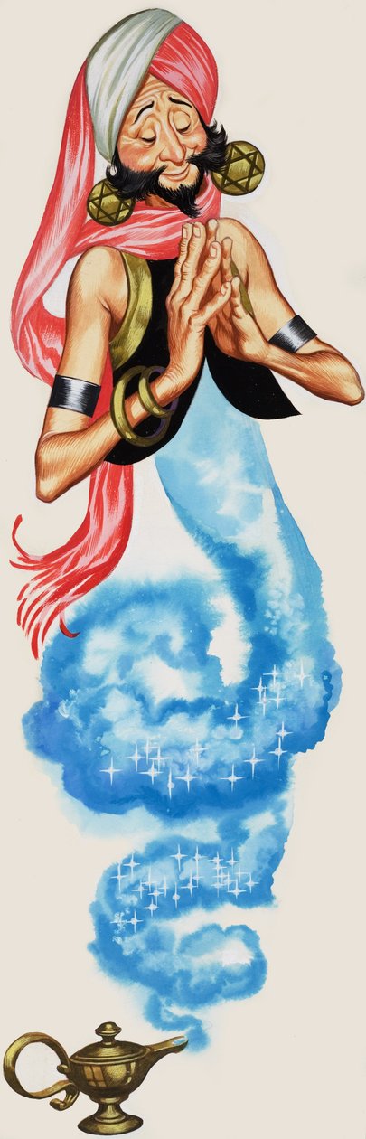 Genio che esce dalla sua lampada, illustrazione da "Aladino e la sua lampada meravigliosa" (gouache su carta) da Angus McBride