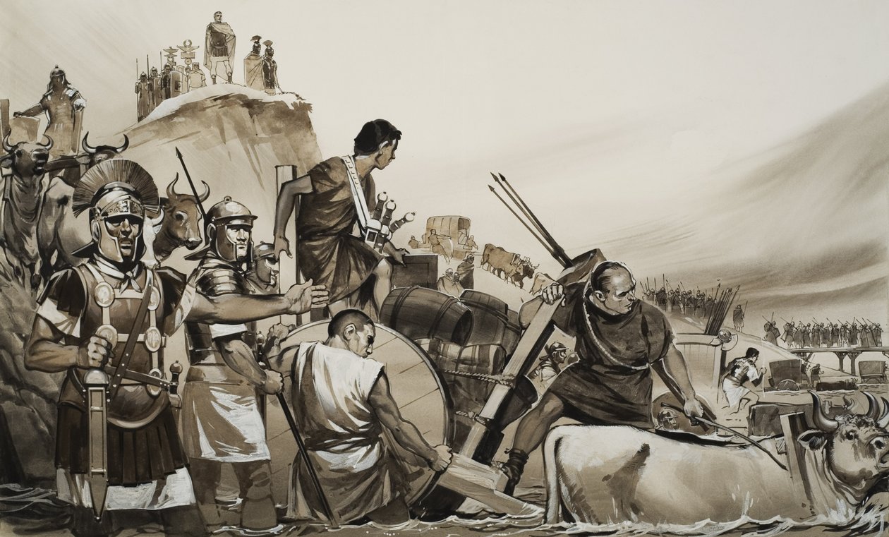 Giulio Cesare (100-44 a.C.) guida i suoi soldati attraverso il Rubicone e marcia su Roma (gouache su carta) da Angus McBride