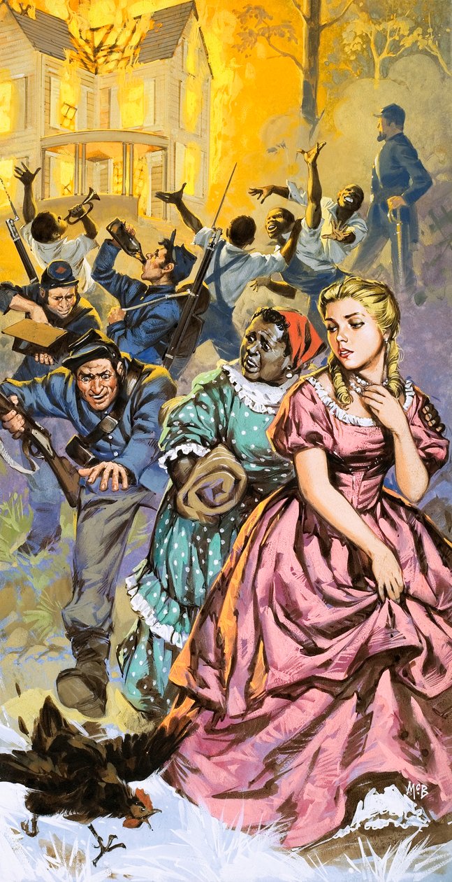 Le truppe nordiste saccheggiano le case dei sudisti terrorizzati da Angus McBride