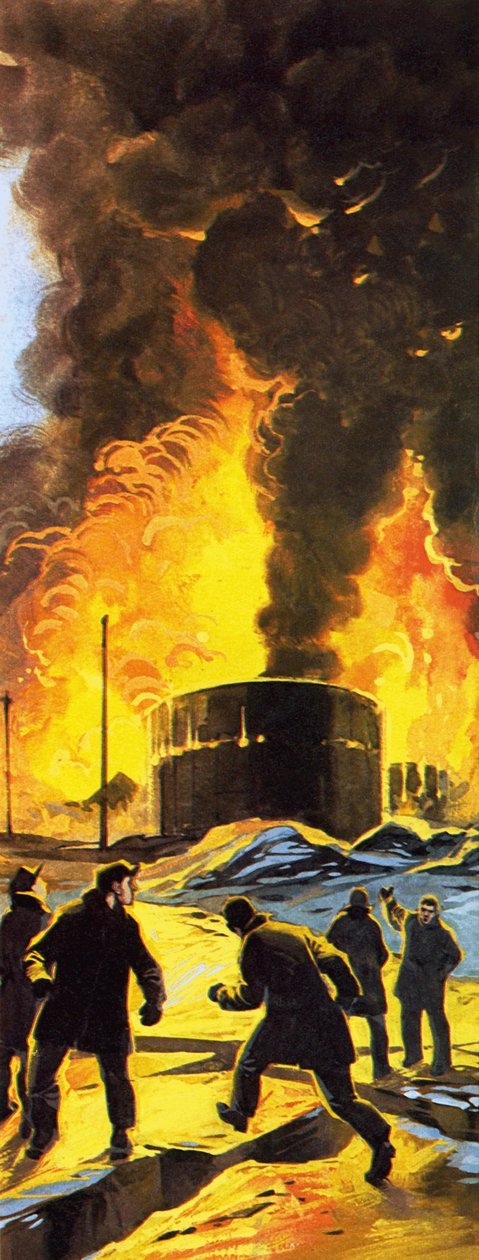 Serbatoi di petrolio in fiamme a Seward dopo il terremoto di Anchorage del 1964 da Angus McBride