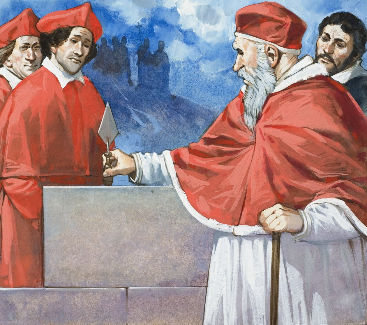 Papa Giulio II (1443-1513) posa della prima pietra di San Pietro nel 1506 (gouache su carta) da Angus McBride