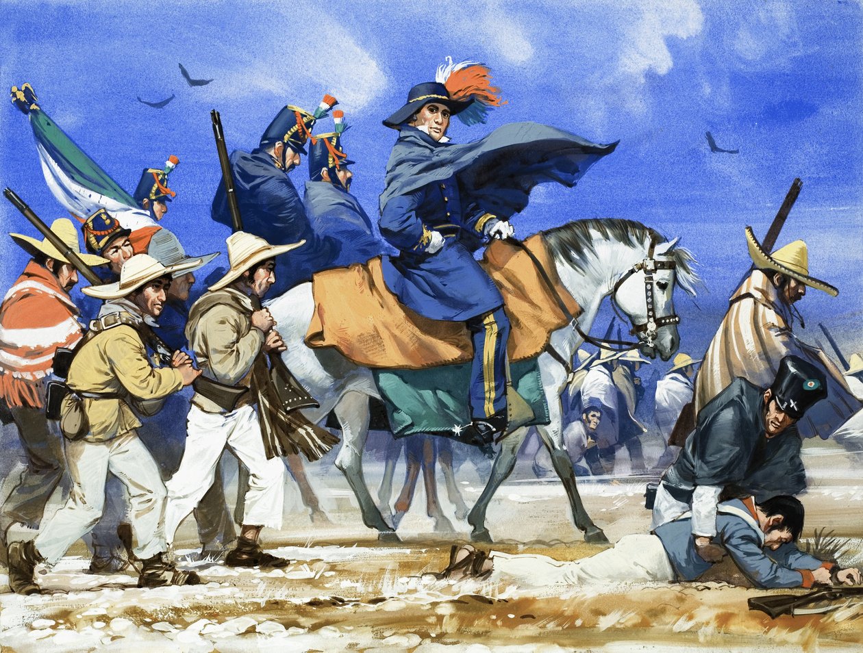 Santa Anna condusse il suo esercito, mal equipaggiato e mal vestito, in una marcia micidiale attraverso le pianure ghiacciate di Coahuila. da Angus McBride