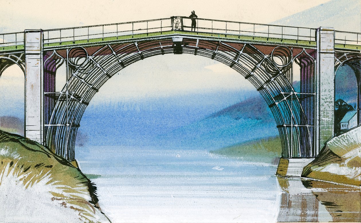 Il primo ponte di ferro in Gran Bretagna, presso la Gola di Ironbridge da Angus McBride