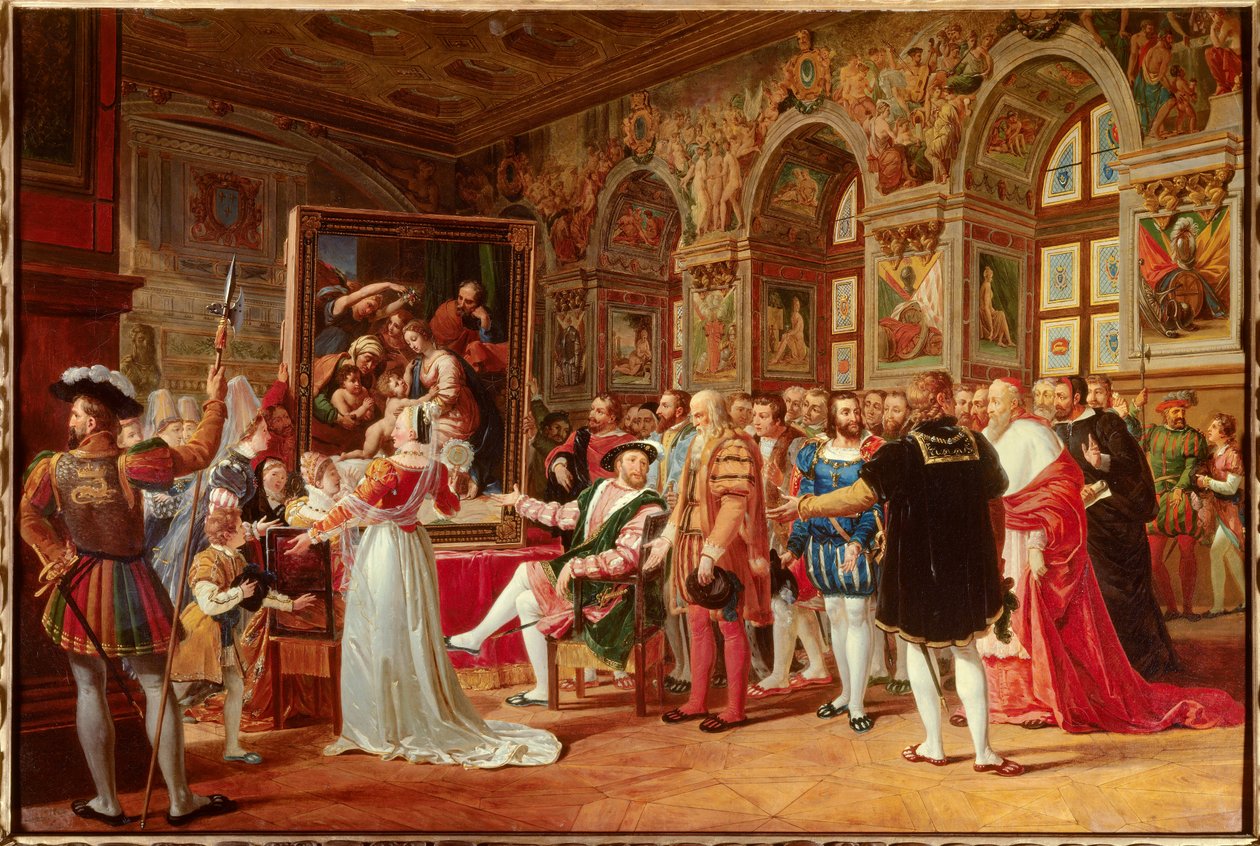 Il secolo di Francesco I: Francesco I re di Francia riceve il dipinto della Sacra Famiglia a Fontainebleau, inviato da Roma da Raffaello come tributo alla sua gratitudine da Anicet Charles Gabriel Lemonnier