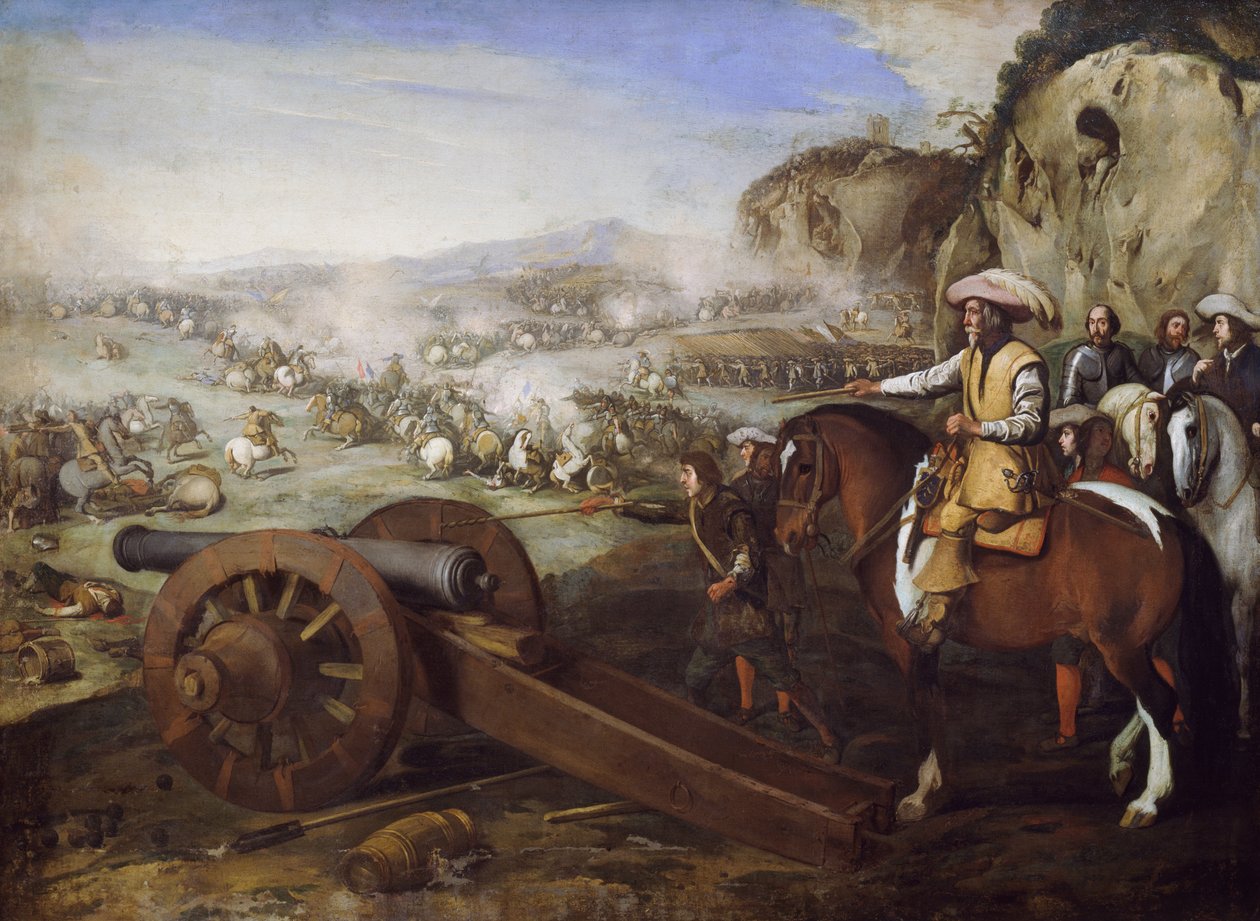 Capitano a cavallo che ordina di sparare il cannone durante la battaglia da Aniello Falcone
