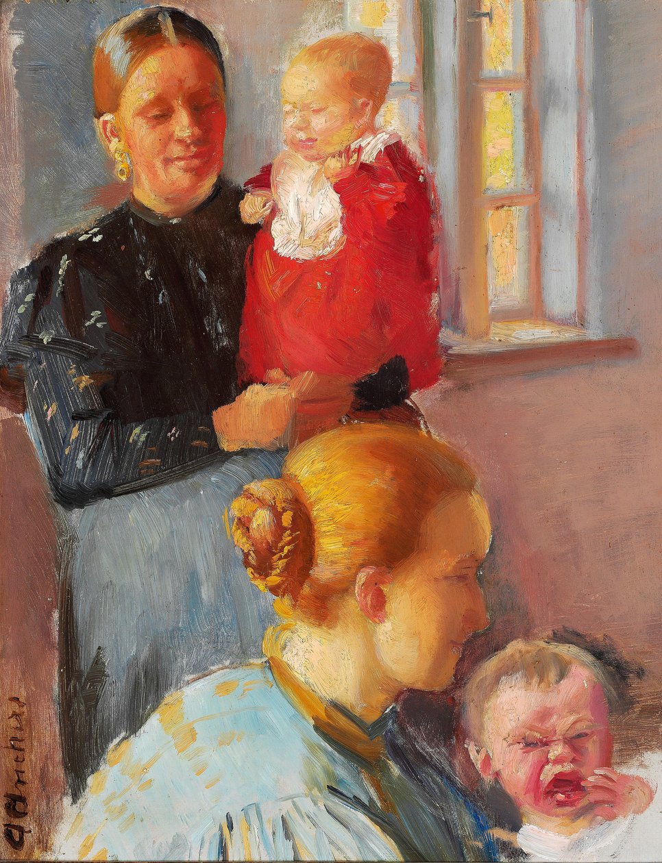 Due giovani madri con i loro bambini piccoli. Studio per "Vaccinazione". da Anna Ancher