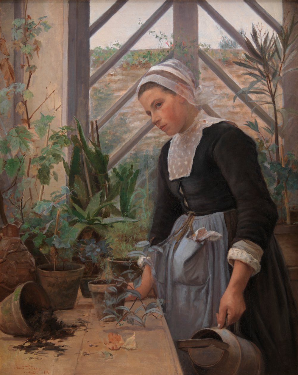 Ragazza bretone che cura le piante in serra, 1884 da Anna Petersen