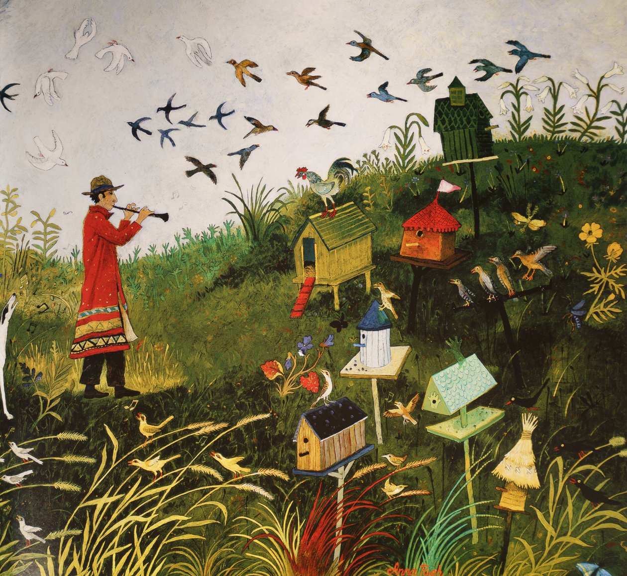 Pifferaio con uccelli neri, 2001 (acrilico) da Anna Pugh