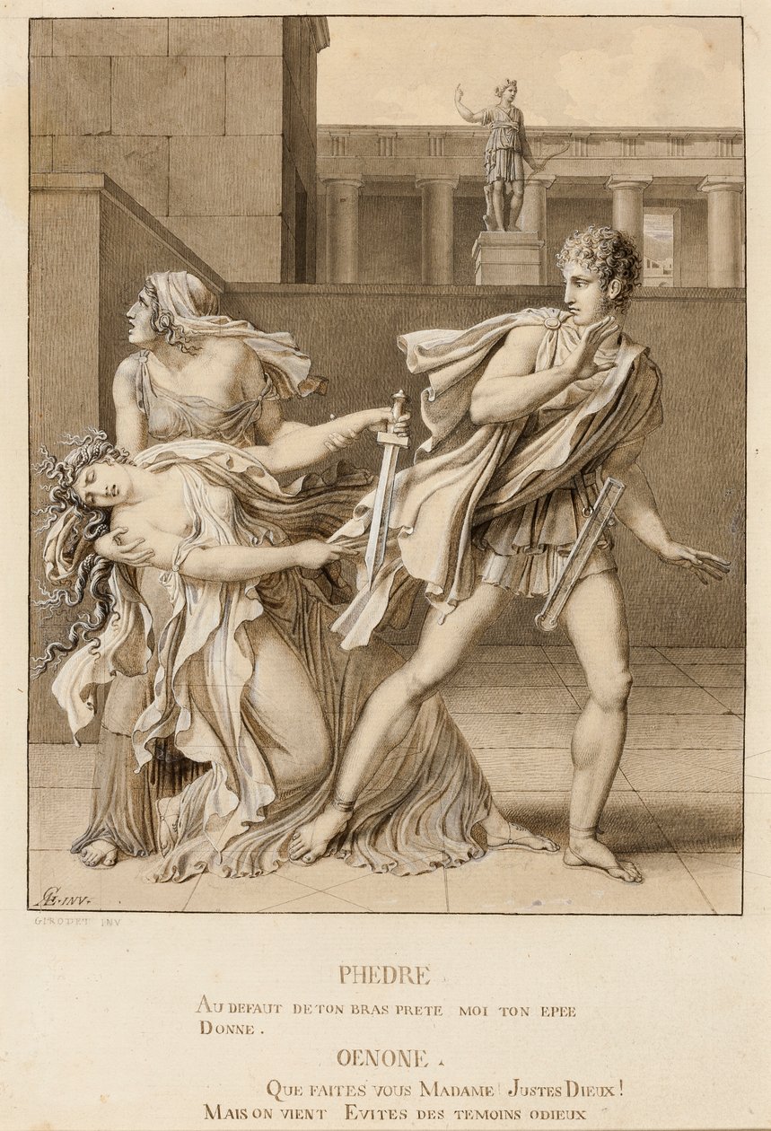 Fedra, dopo aver dichiarato la sua passione, tenta di uccidersi con la spada di Ippolito da Anne-Louis Girodet de Roucy-Trioson