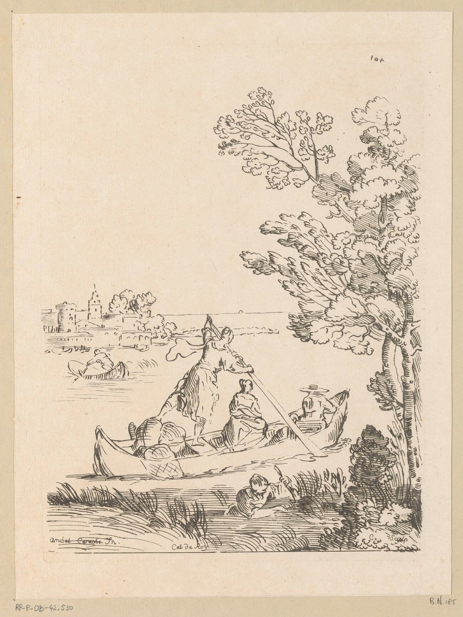 Paesaggio fluviale con una barca remata da una donna (serie: Cabinet du Roy) da Anne Claude Philippe Caylus