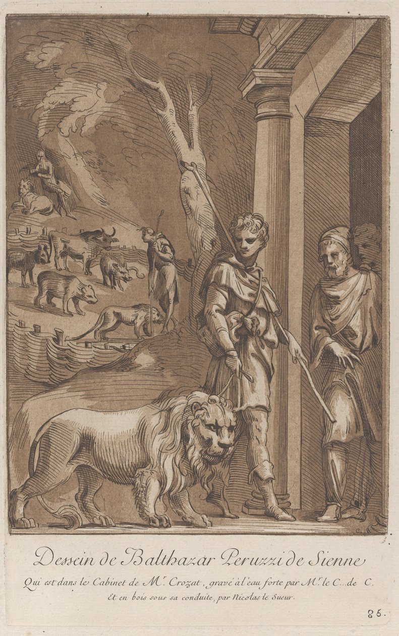 Un pastore che tiene un leone al guinzaglio in primo piano, sullo sfondo il sh..., ca. 1729-64 da Anne Claude Philippe de