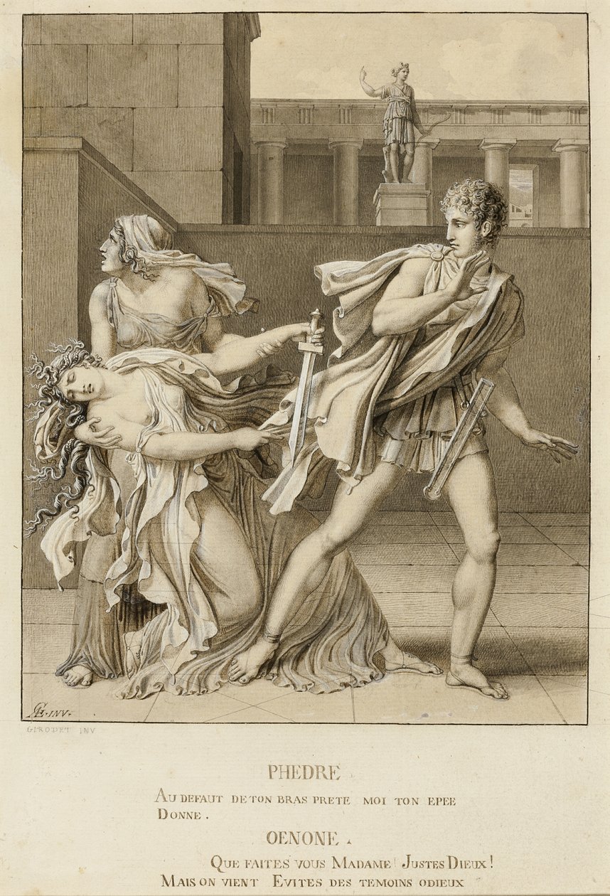 Fedra, dopo aver dichiarato la sua passione, tenta di uccidersi con la spada di Ippolito da Anne Louis Girodet de Roussy Trioson
