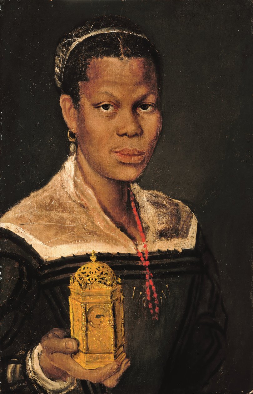 Ritratto di una signora nera, busto, che indossa una collana di corallo e tiene un orologio da tavolo in ormolu nella mano destra da Annibale (studio of) Carracci