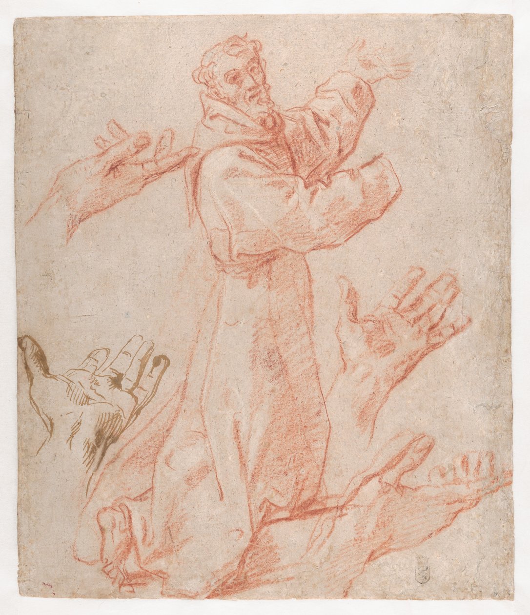 Carracci - Studi per una figura di San Francesco inginocchiato di tre quarti e per le sue mani (recto), 1583-85 da Annibale Carracci
