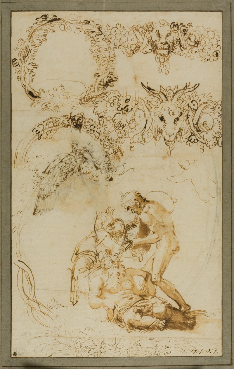 Sileno ubriaco e schizzi decorativi: Studi per la Tazza Farnese (recto); Due putti in lotta: Studio per la Galleria Farnese (verso) da Annibale Carracci
