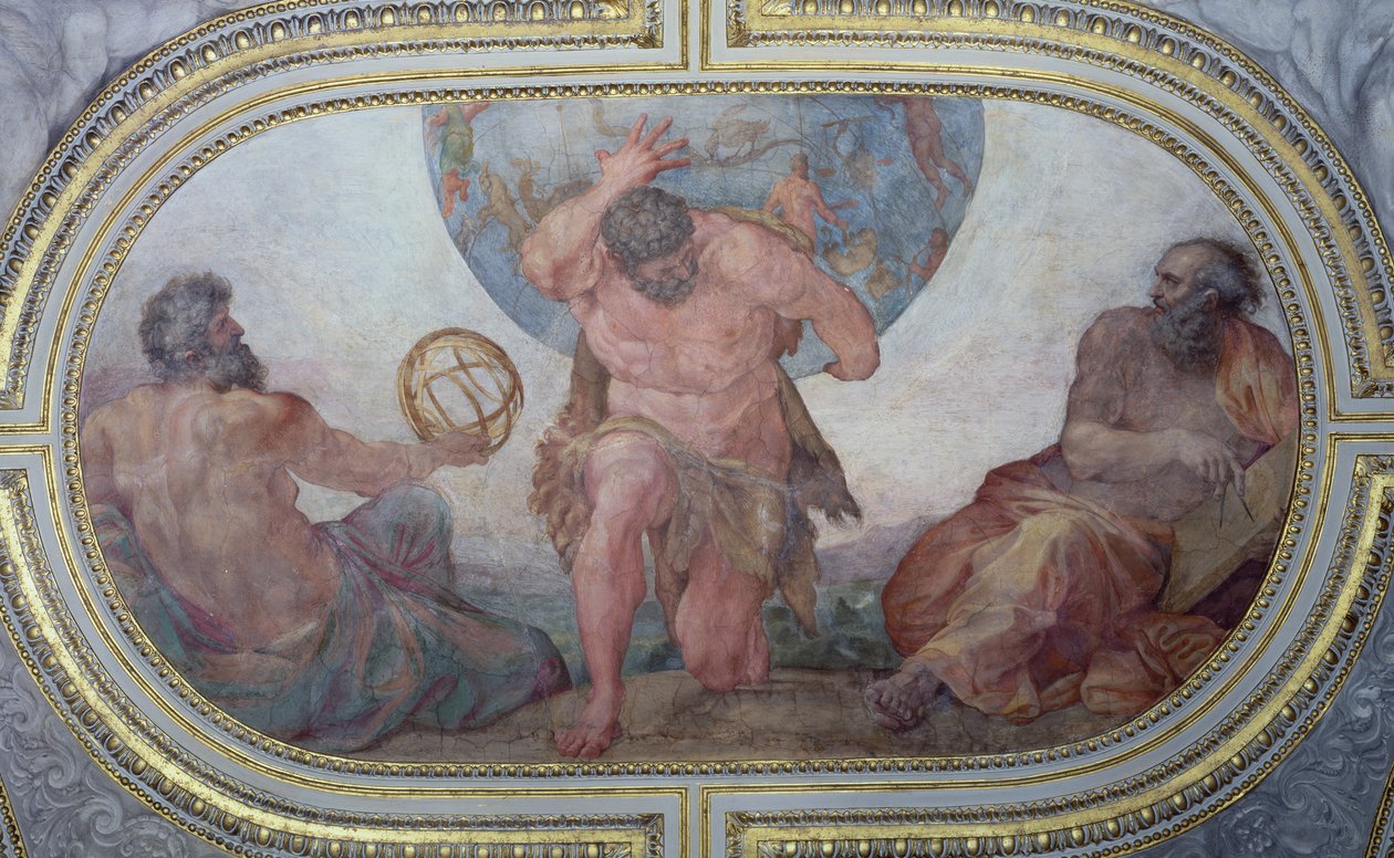 Ercole che sostiene il mondo affiancato da Euclide e Tolomeo, dal 