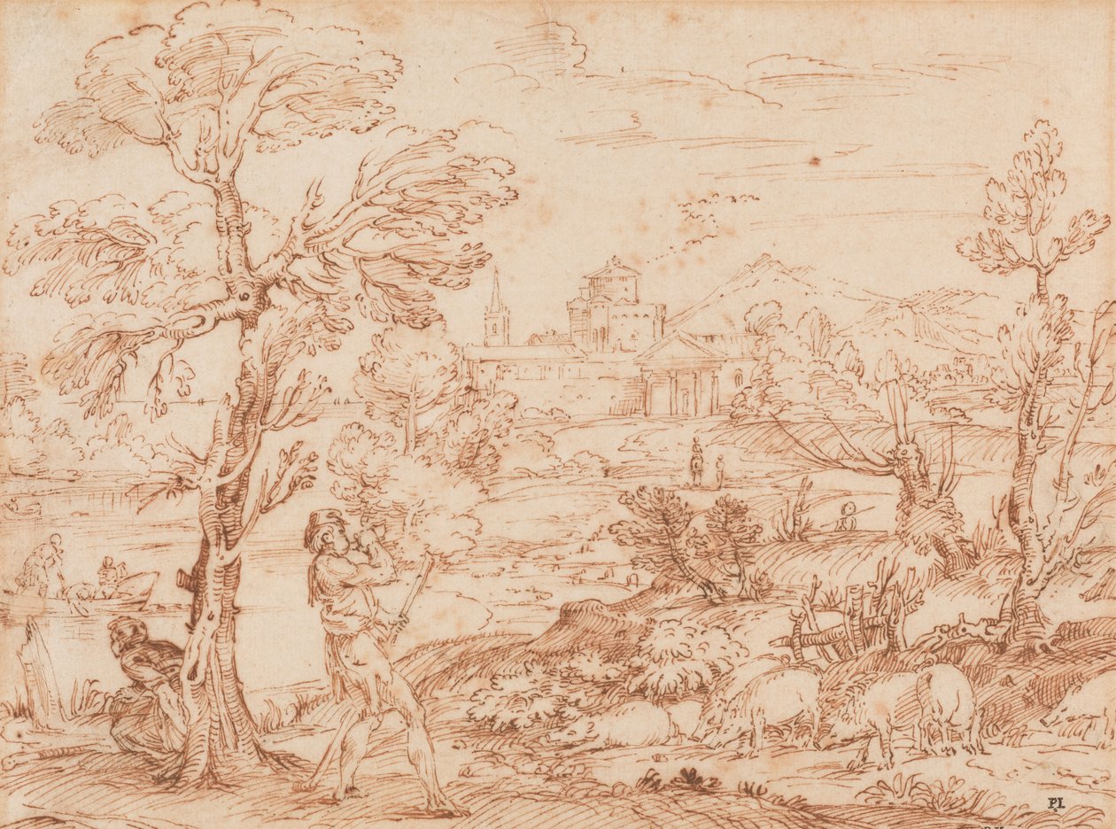 Paesaggio con mandriano e maiali,
XVI-inizio XVII secolo (Penna e inchiostro su carta) da Annibale Carracci
