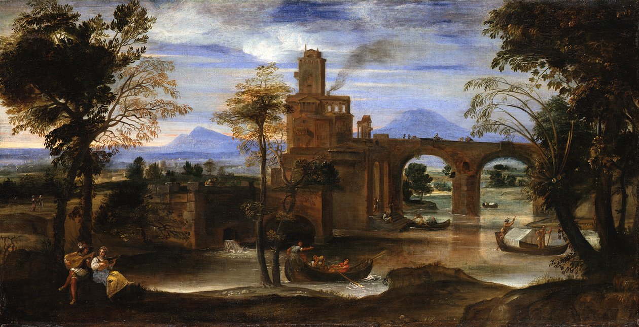 Paesaggio fluviale romano con castello e ponte da Annibale Carracci