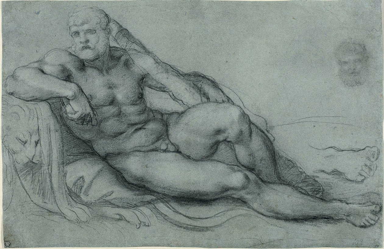 Studio di Ercole che riposa, con studi separati della testa e del piede (recto); disegno a griglia rettangolare (verso) da Annibale Carracci