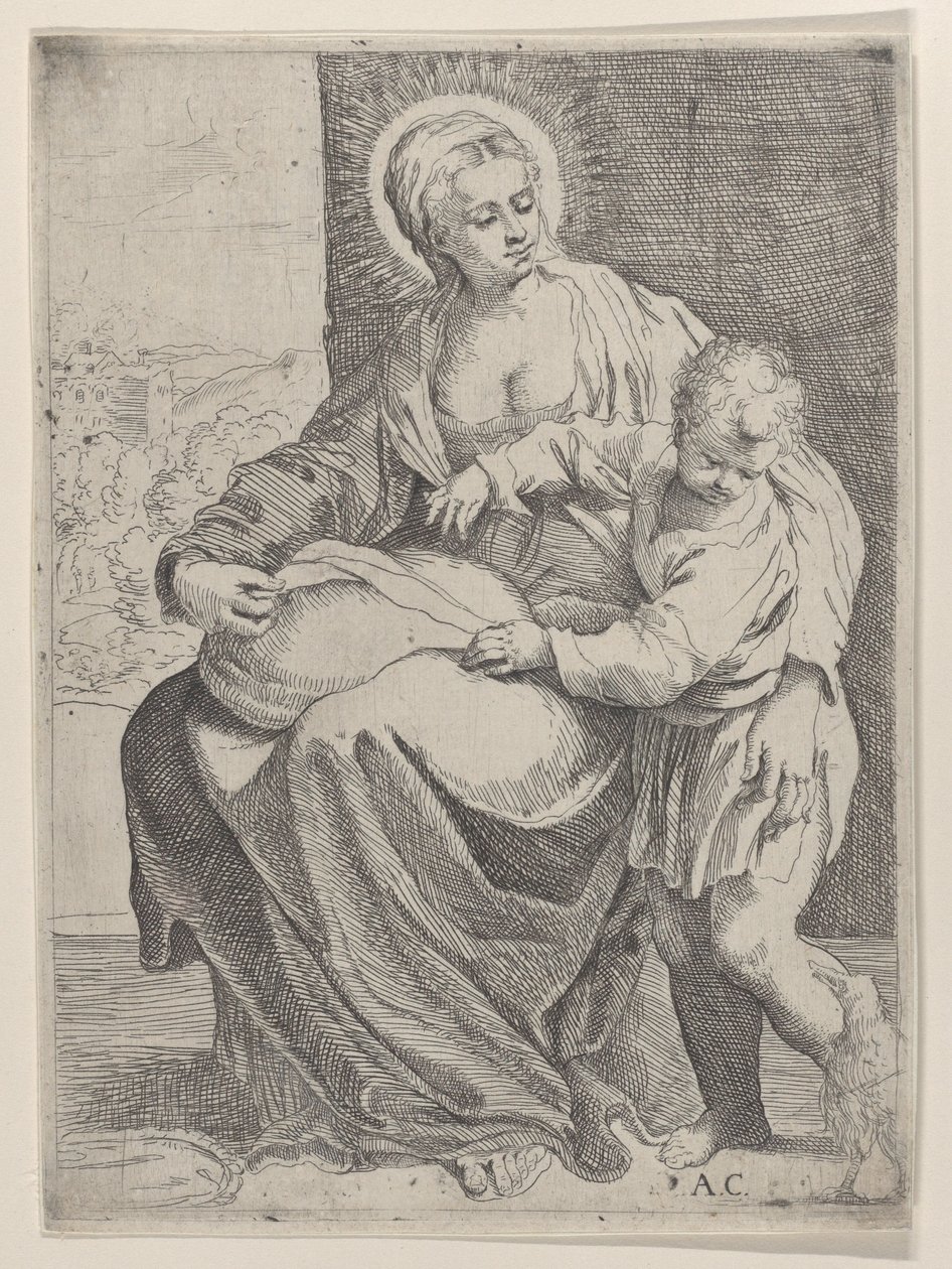 La Vergine seduta con un cuscino in grembo e il giovane Cristo in piedi a destra..., 1580-1600 da Annibale Carracci