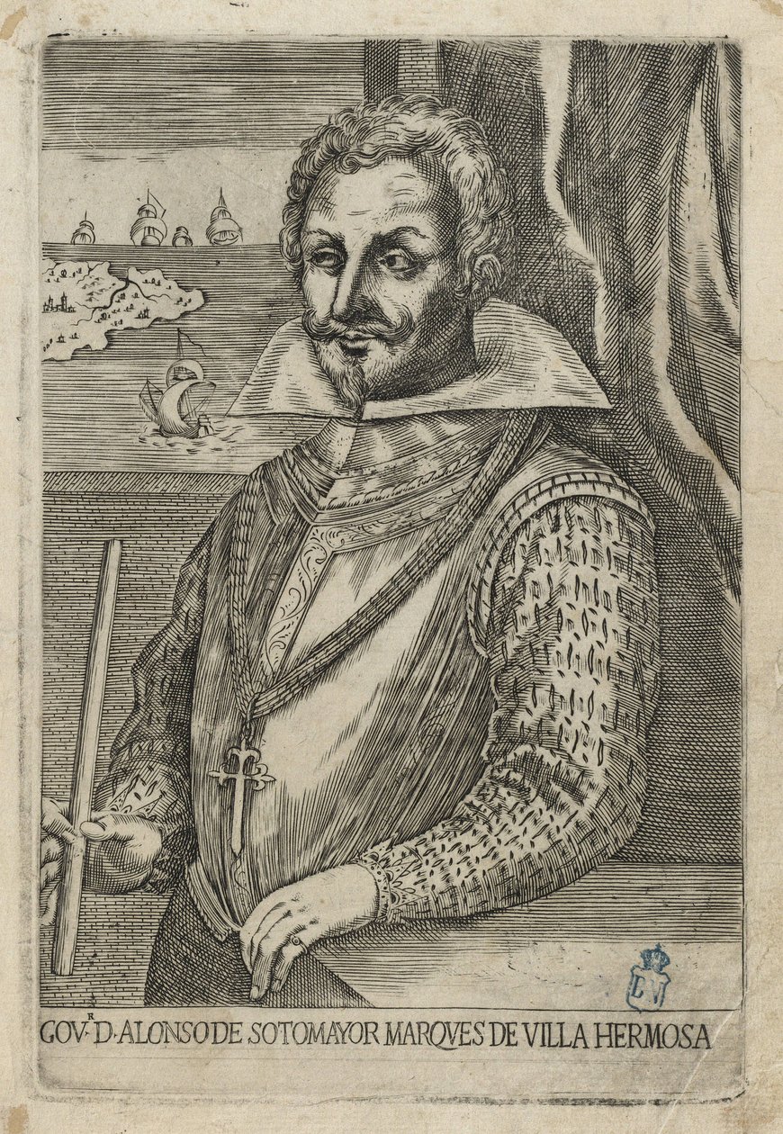 Alonso de Sotomayor, governatore del Cile. Acquaforte e bulino da Anónimo italiano