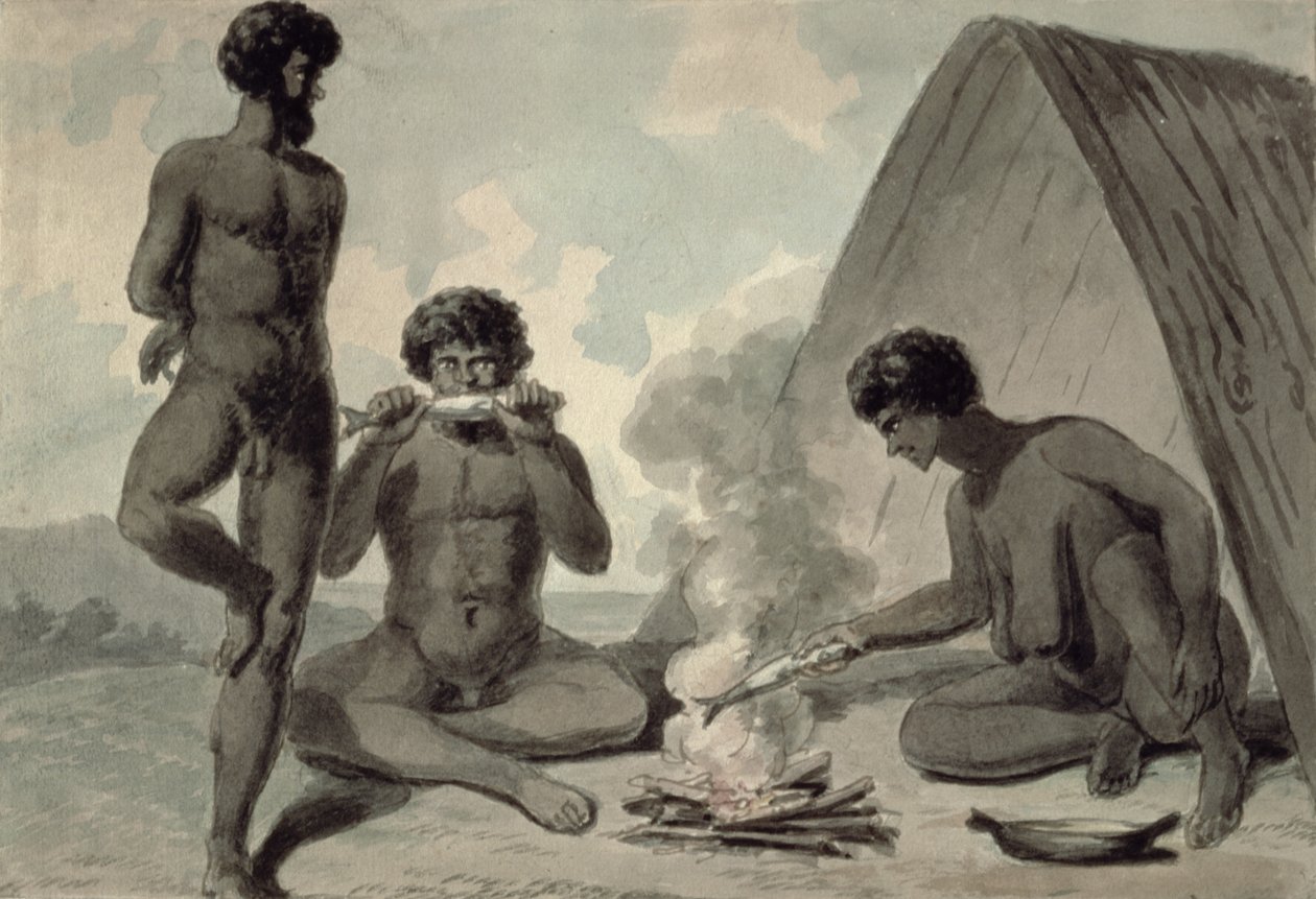 Aborigeni che mangiano pesce davanti a un falò, possibilmente di Philip Gidley King (1758-1808) da Unbekannt Unbekannt