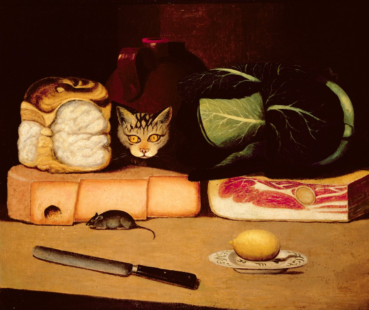 Natura morta con gatto e topo, Scuola Primitiva, 1820 da Unbekannt Unbekannt