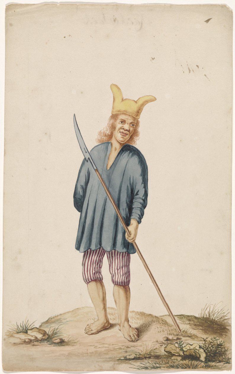 Uomo albino con cappello da giullare e arma da Anonymous