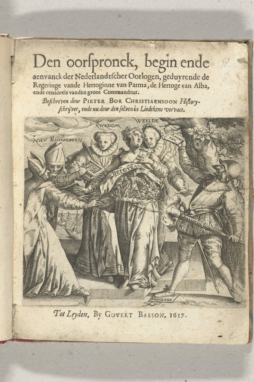 Pagina del titolo allegorico in: Pieter Christiaansz Bor, Den oorspronck, begin ende aenvanck der Nederlandtscher oorlogen, 1617 da Anonymous