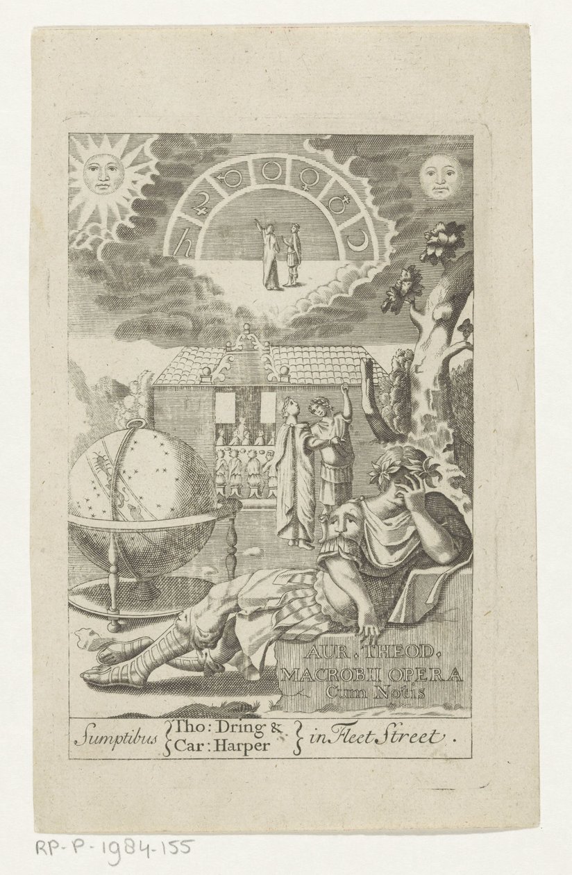 Ambrosius Theodosius Macrobius appoggiato su una pietra accanto a un globo (pagina del titolo) da Anonymous