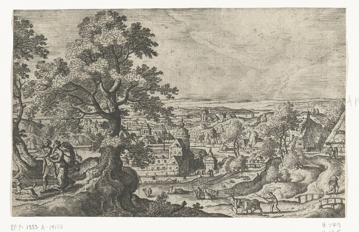 Apollo che cammina con una giovane donna (serie: Paesaggi con rappresentazioni mitologiche e bibliche) da Anonymous