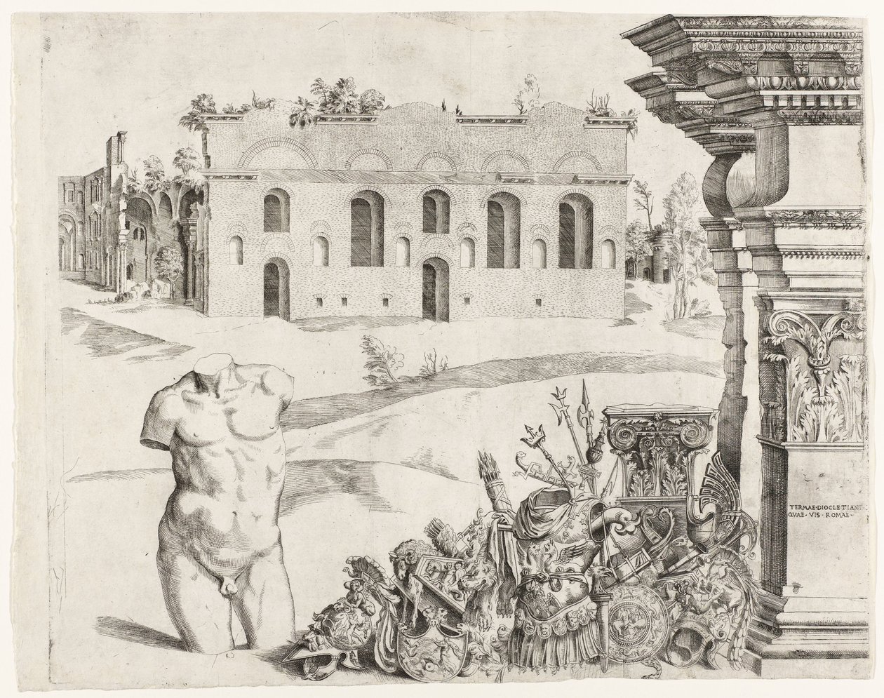 Capriccio architettonico con spolia, un torso maschile e una vista sulle Terme di Diocleziano da Anonymous