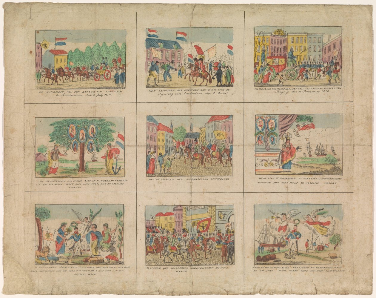Foglio con 9 rappresentazioni di eventi storici negli anni 1813-1814 da Anonymous
