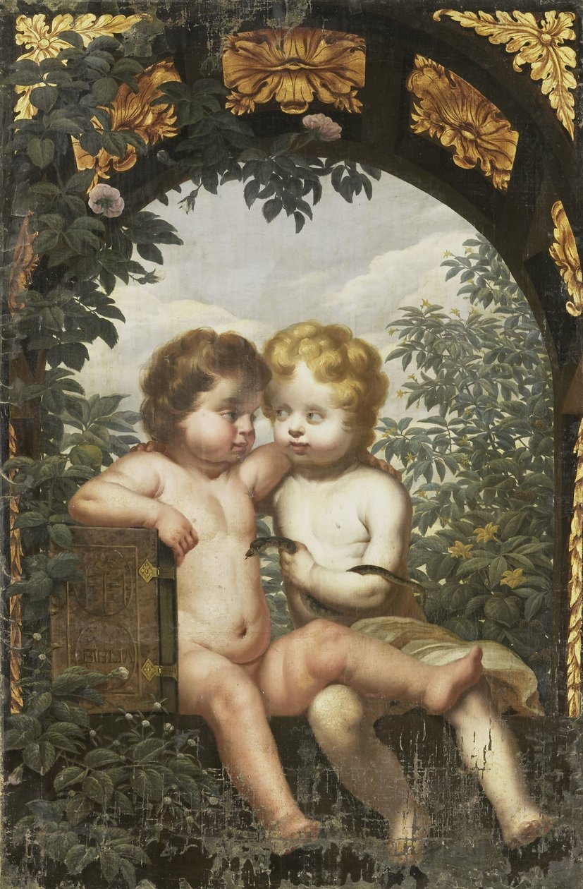 Allegoria cristiana con due bambini con una Bibbia e un serpente da Anonymous