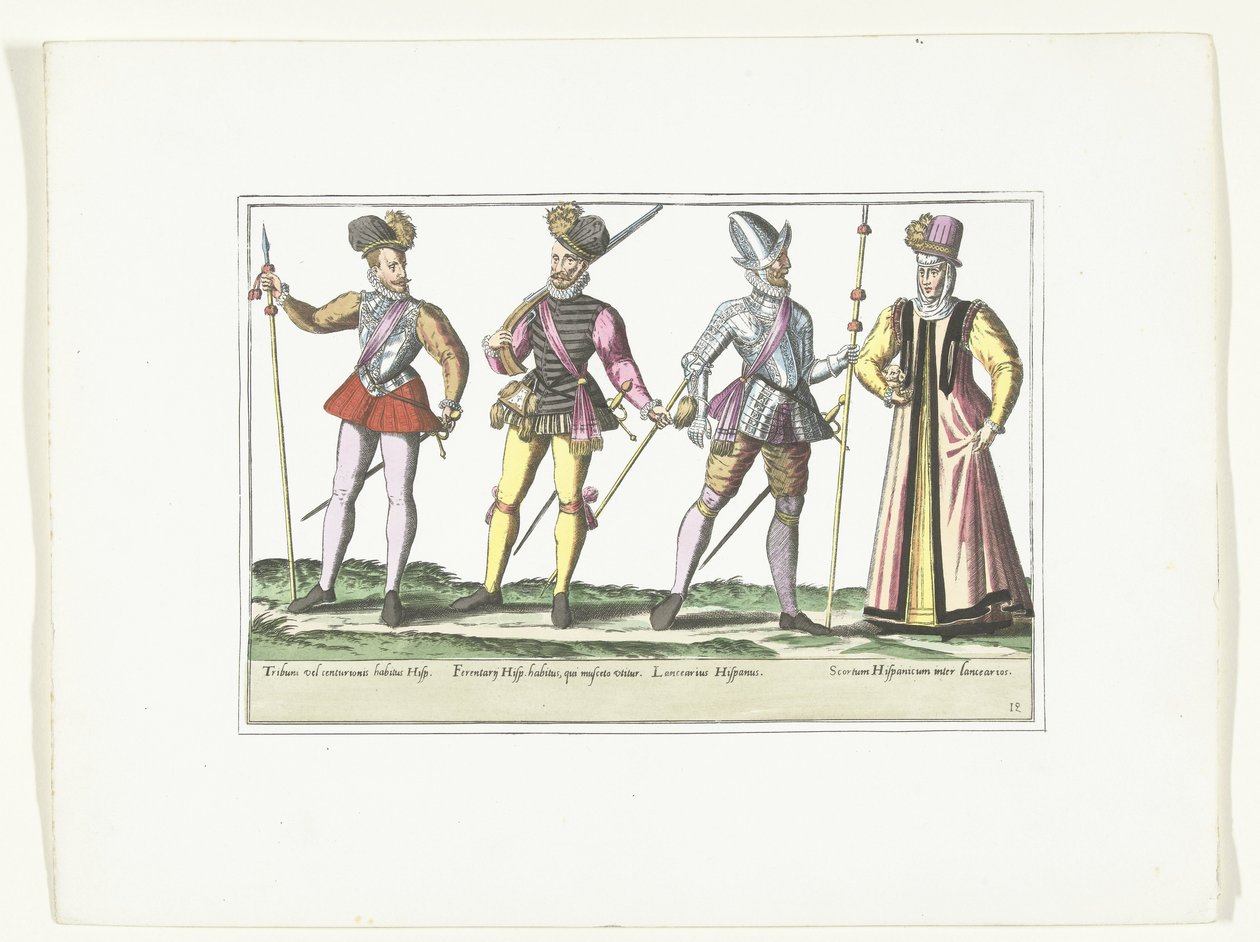 Tre militari spagnoli in uniforme e una vivandiera, ca. 1580 da Anonymous