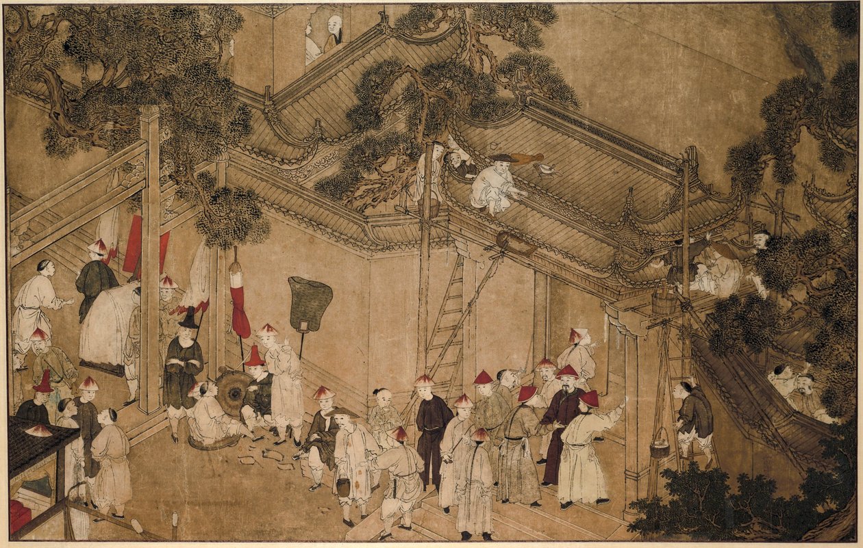 Un tempio con operai al lavoro (serie: Le meraviglie di Mazu) da Anonymous