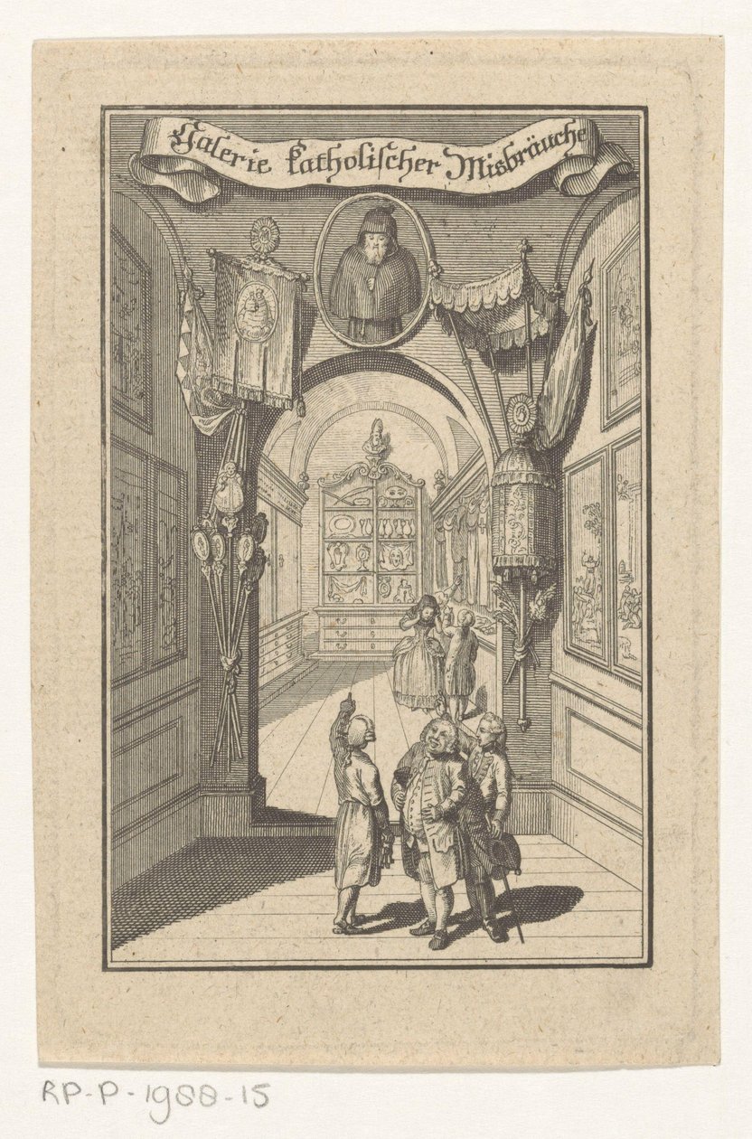 Figure in galleria con ritratto e oggetti liturgici da Anonymous