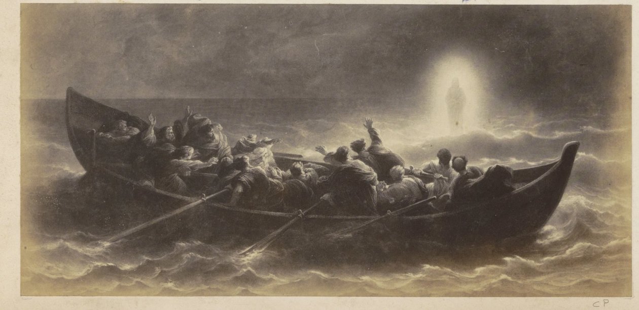 Fotoreproduzione di (presumibilmente) una stampa di apostoli che vedono Cristo camminare sull