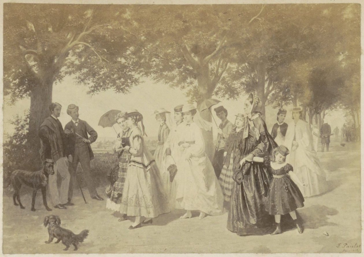 Fotoreproduzione di un dipinto di donne e uomini che passeggiano in un parco da Anonymous