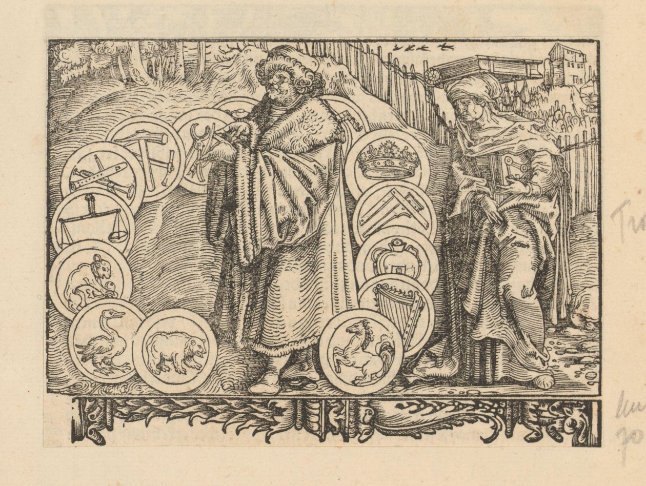 Studioso circondato da emblemi con araldica e la personificazione della Saggezza da Anonymous
