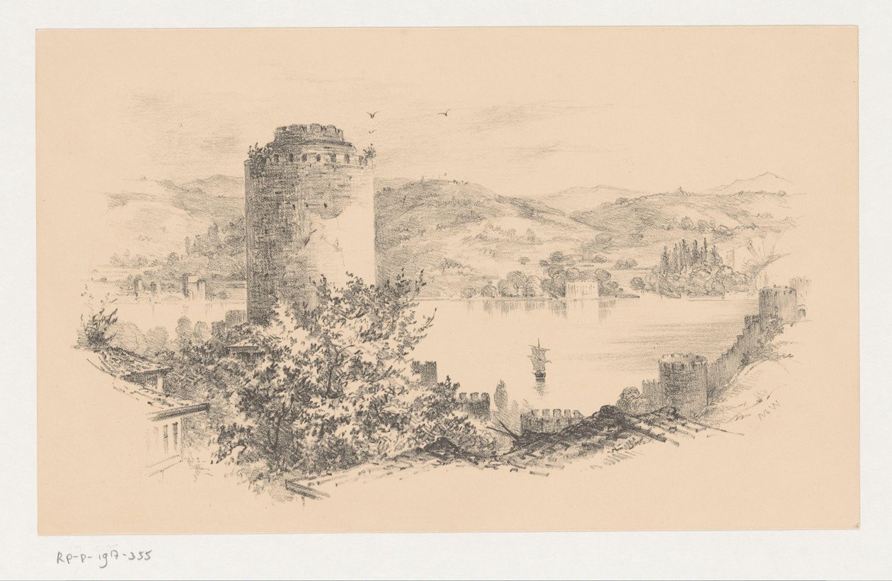 Veduta del Bosforo con una torre rotonda in primo piano da Anonymous