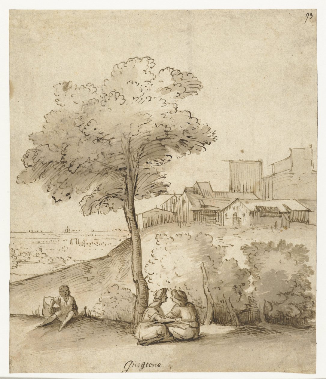 Paesaggio italiano con alcune figure sotto un albero da Anonymous