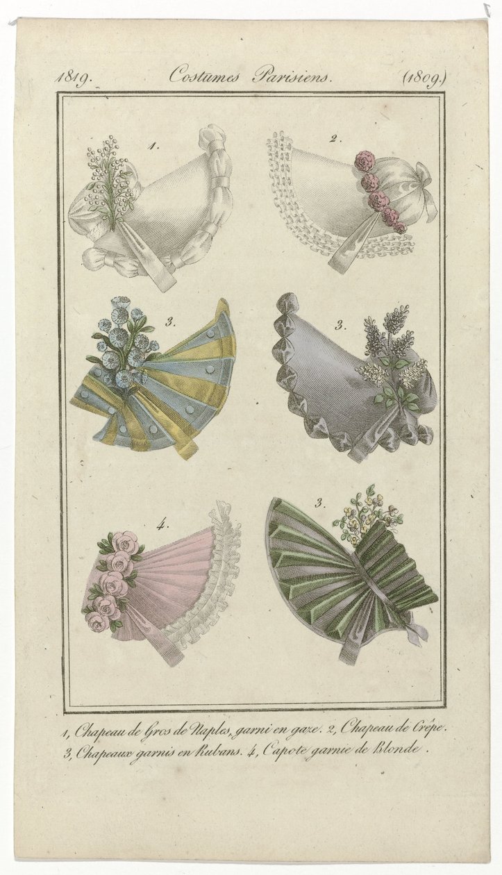Journal des Dames et des Modes, Costumes Parisiens, 15 aprile 1819, (1809): 1, Chapeau de Gros de Naples da Anonymous