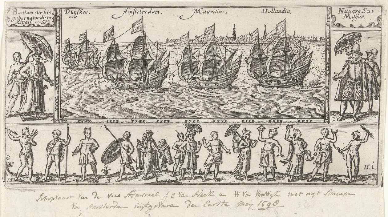 Copia del frontespizio originale per il diario di viaggio di Houtman nelle Indie Orientali, 1598 da Anonymous