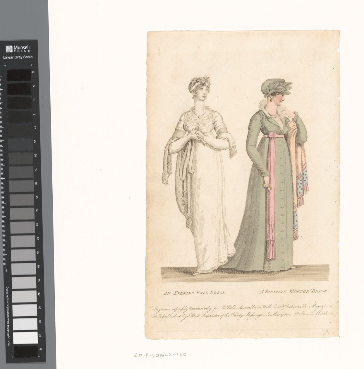 La Belle Assemblée, 1 marzo 1807, n. 14: Un abito da ballo serale / Un abito invernale parigino da Anonymous